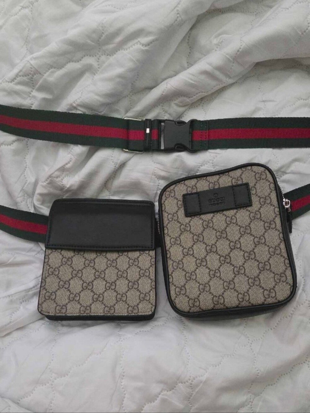 Gucci Beige GG Canvas Belt Bag with Black Trim and Green-Red Web Strap
